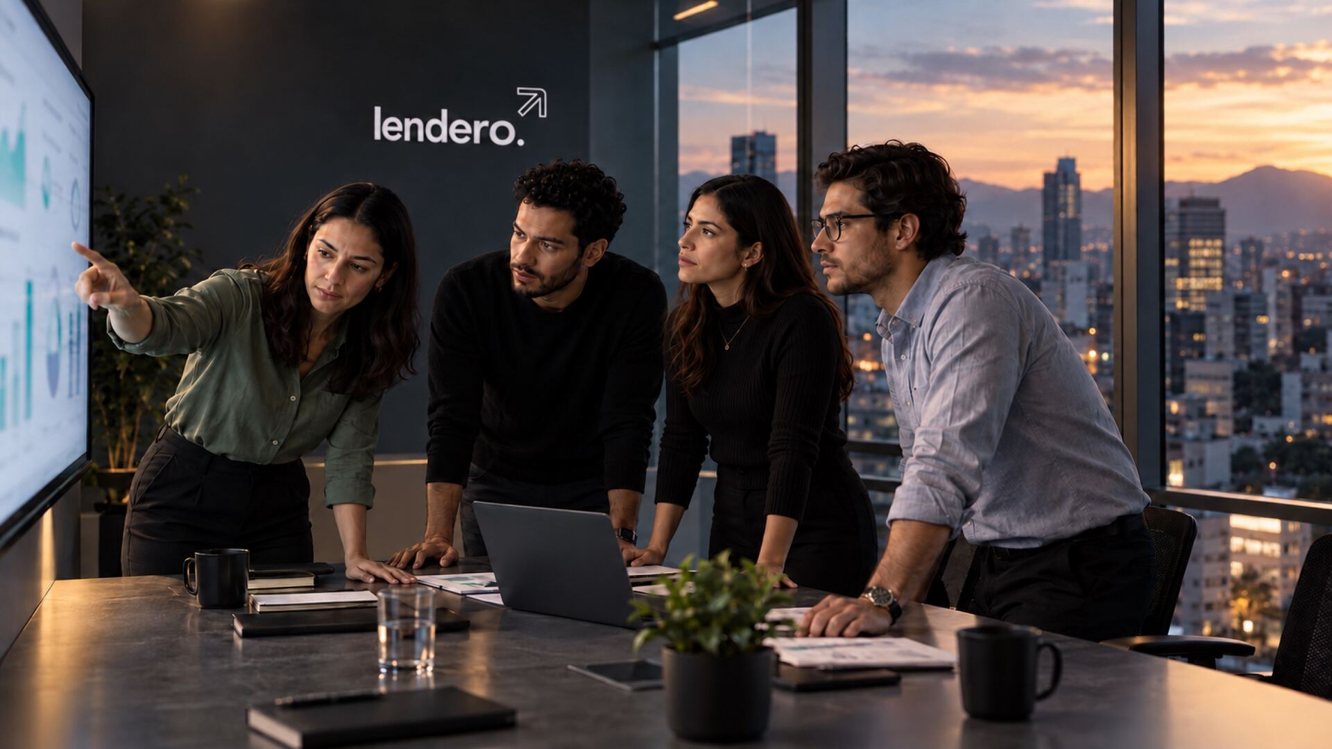 El equipo de Lendero en una sala de juntas con la ciudad al fondo